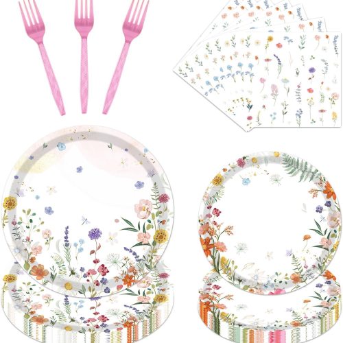Floral Paper Plates Set - 96PCS Wildflower Party Decorations Supplies Flower Baby in Bloom Baby Shower Decorations Disposable Flower Paper Plates Napkins Tableware Spring Summer Picnic Party