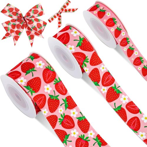 3 Roll Strawberry Grosgrain Ribbon Summer Fruit Ribbon for Wreath Bow Craft Gift Wrap Party Decor, 15 Yards