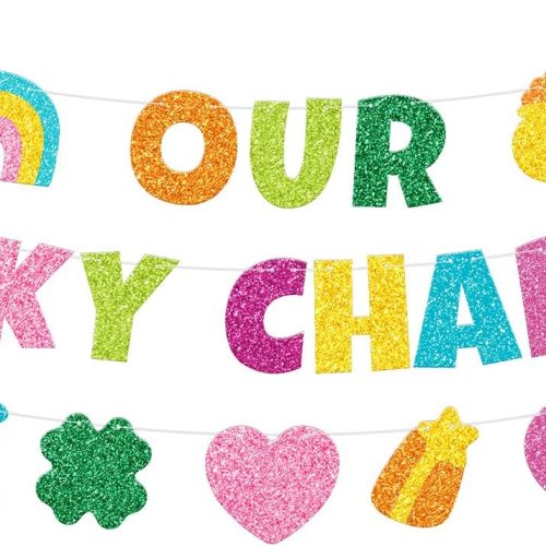 4 St Patricks Day Decorations, No DIY Glitter Colorful Our Lucky Charms Banner Saint Patricks Green Shamrock Pot of Gold Clover Rainbow for St. Patrick's Irish Day School Classroom Teacher Office Decor