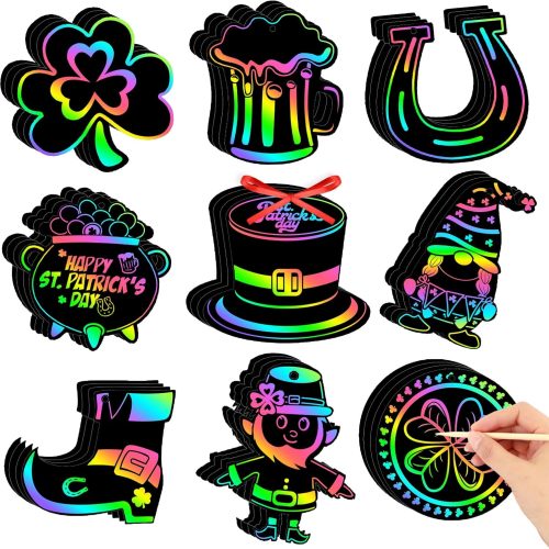 48 PCS St. Patrick’s Day Crafts for Kids, Rainbow Magic Scratch Art Shamrock Hanging Ornaments Scratch Paper Cards for St Patricks Day Party Favors Kids School Classroom DIY Crafts Decorations
