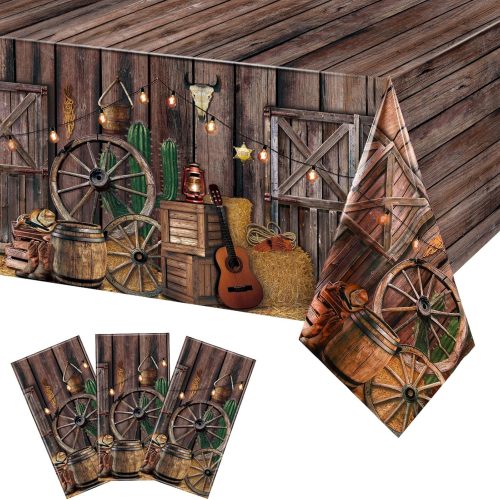 3 Pcs Western Party Tablecloth Western Cowboy Party Table Cover Cowboy Theme Plastic Tablecloth Wild West Wooden House Table Cover for Birthday Supplies
