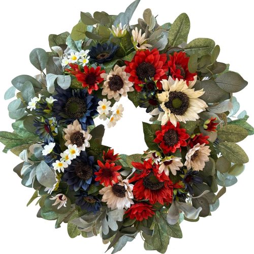 250th Patriotic Wreath Decorations, 24 Inch Sunflower 4th of July Wreaths for Front Door, Red White Blue Spring Summer Door Wreath for Independence Day, Memorial Day for Indoor Outdoor Decor