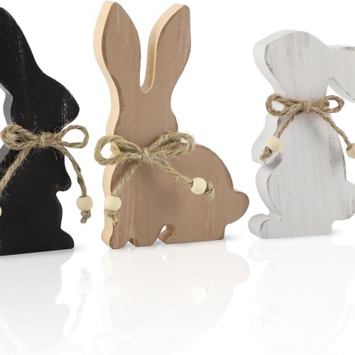 4 Easter Decorations for The Home, Rustic Farmhouse Wooden Bunny Blocks Tiered Tray Decor Set of 3, Vintage Wood Bunnies Sign for Table Top Office Party Shelf Decoration (Colorful)