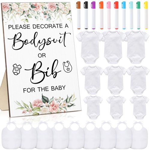 4 35 Pcs Baby Shower Bibs Games Design Wooden Baby Shower Party Game Sign DIY Bodysuit Sign 15 White Blank Bibs 9 Bodysuit 10 Markers for Party Supplies(Flower)