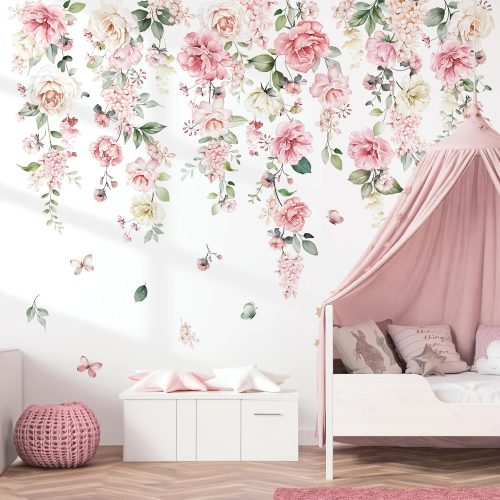 Large Pink Flowers Wall Stickers Hanging Vine Floral Leaves Peel and Stick Wall Art Decals for Baby Nursery Girls Bedroom Living Room