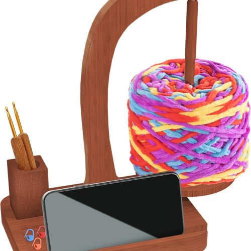 Upgraded Yarn Holder for Crocheting,Wooden Crochet Yarn Holder Magnetic Rotation Yarn Spinner with Crochet Accessories Storage and Phone Stand,Yarn Ball Holder Crochet Gift for Knitting Lovers
