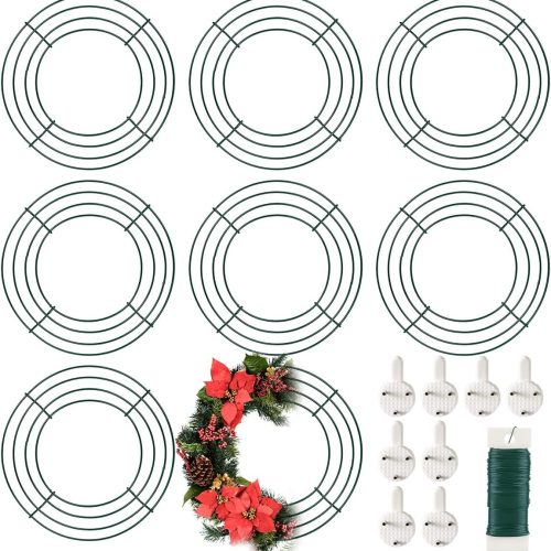 8 Pack Wire Wreath Frame 10 Inch Metal Form Ring for Crafts DIY Front Door Christmas New Year Valentines Wedding Garden Home Party Decoration With 38 Yard Paddle Wire