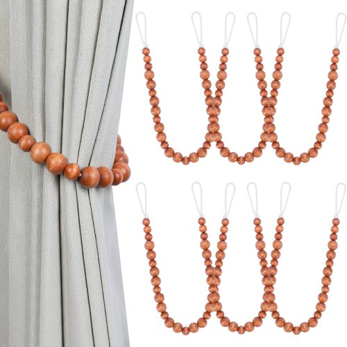Wood Bead Curtain Tiebacks, KLOGTSIND Set of 6 Curtain Holdbacks for Thin or Thick Window Draperies, Boho Farmhouse Curtain Tiebacks with Hooks, Curtain Tie Backs for Home Office Room Decor