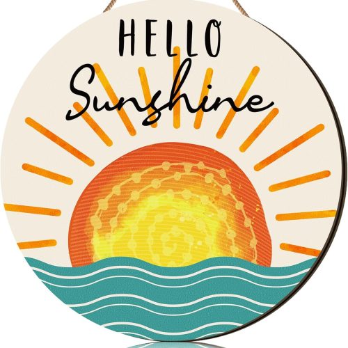 4 Summer Wreaths Hello Sunshine Door Sign for Front Door Wooden Hanging Sign Sunset over Sea Rustic Summer Decor for Holiday Farmhouse Porch Indoor Outdoor Office Home Wall decorations
