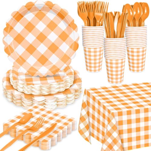 175 PCS Orange Gingham Plates and Napkins, Orange Checkered Disposable Plates Set with Napkins Cups Plastic Spoons Forks Knives for Dinner Birthday Baby Shower Wedding Supplies Serve 25 Guests