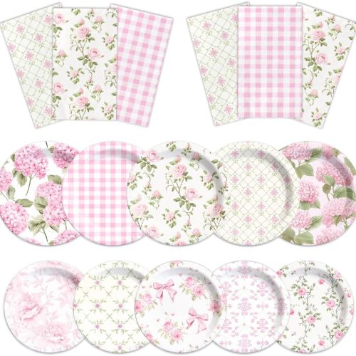 60Pcs Floral Plates and Napkins-Girls Pink Party Supplies Vintage Flower Tea Party Decorations for Birthday,Baby Shower