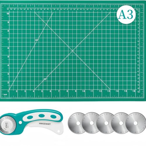 45mm Rotary Cutter and Mat Set, Fabric Cutter Wheel and 12x18 Inch Self Healing Sewing Cutting Mat, Fabric Rotary Cutter with 5pcs Rotary Blades for Quilting Patchworking Crafts, Turquoise