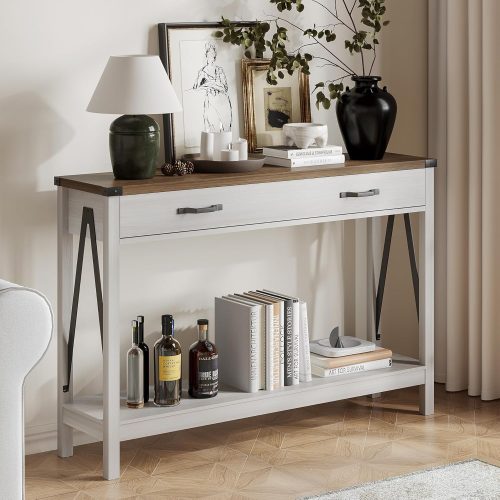 1 47'' Farmhouse Console Table with Drawer, Entryway Table with Storage Shelf, Rustic A-Design Sofa Table for Hallway, Entrance, Living Room, White&Brown