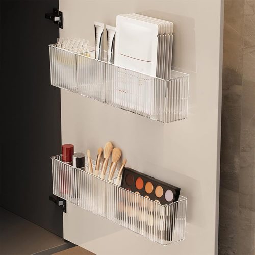1 2 Pack Bathroom Makeup Organizer Wall Mount Clear Bathroom Organizers and Storage with 3 Compartments Plastic Storage Organizer Bins Floating Shelves for Wall, Narrow Space, Office, Bedroom 14''Length