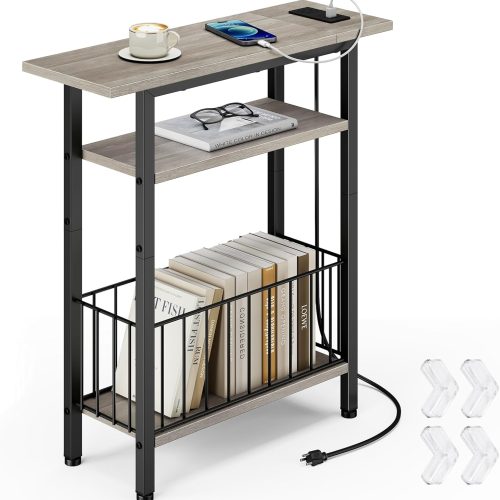 Narrow Side Table with Charging Station, Skinny Side End Table for Couch, 3-Tier Small End Tables for Small Spaces, 25.2" Tall Slim Nightstand Bedside Table for Living Room, Bedroom, Greige