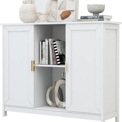 White Buffet Cabinet with Storage,Wooden Narrow Sideboard Entryway Cabinets,Modern White Cabinet with Doors Credenza