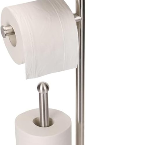 Toilet Paper Holder with Shelf, Freestanding Toilet Paper Stand with Tray for Small Items, Toilet Paper Holder Freestanding, Storage Space for 4 Extra Toilet Paper Rolls (Brushed Nickel)