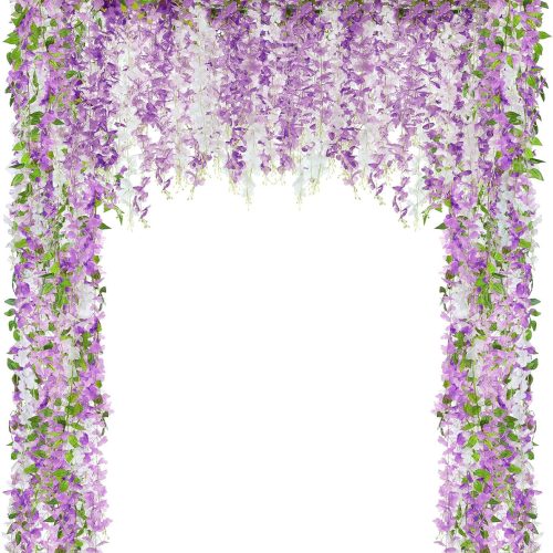 1 4pcs Wisteria Artificial Flowers Garland, 7.2Ft/Piece Wisteria Hanging Flowers Garland for Wedding Arch Decoration Outdoor Ceremony Home Backdrop Garden (Light Purple,Dark Purple,White)