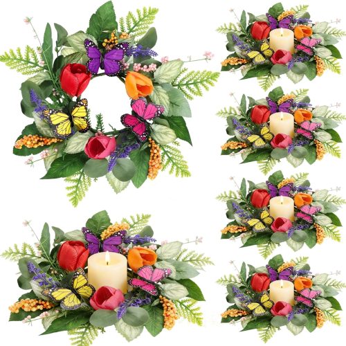 1 6 PCS Spring Summer Candle Rings Wreaths Artificial Butterfly Tulip Lavender Eucalyptus Candle Rings Holder with Berry Mini Floral Silk Flowers Wreath for Party Home Table Centerpiece Farmhouse Decor