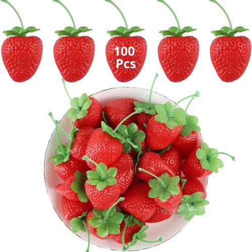100 Pcs Fake Strawberries - 1.42" Artificial Faux Plastic Red Strawberries Decorations, Realistic Fruit Props for Party, Photography