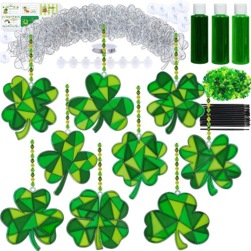 27 Sets St. Patrick's Day Shamrock Suncatchers Ornaments Decorations DIY Window Paint Art Suncatchers St. Pat's Craft Kits Lucky Four-Leaf Clover Sun Catchers for Kids Party Classroom Activity