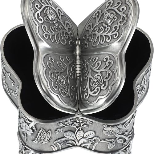 Antique Metal Jewelry Box Butterfly Shape Jewelry Organizer Vintage Trinket Storage Box Treasure Chest Ring Holder Earrings Necklace Storage Box Decorative Metal Box for Women, Large