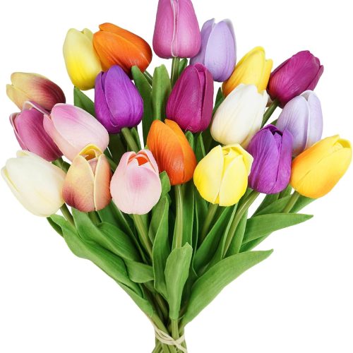 1 20 Pcs 10 Colors Artificial Tulip Flowers Stems Real Touch PU Tulips Multicolor Fake Tulip Bouquets Wedding Easter Spring Floral Arrangements Home Table Decorations