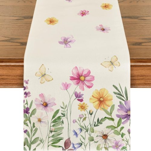 Flowers Butterfly Spring Table Runner, Seasonal Summer Kitchen Dining Table Decoration for Home Party Decor 13x72 Inch