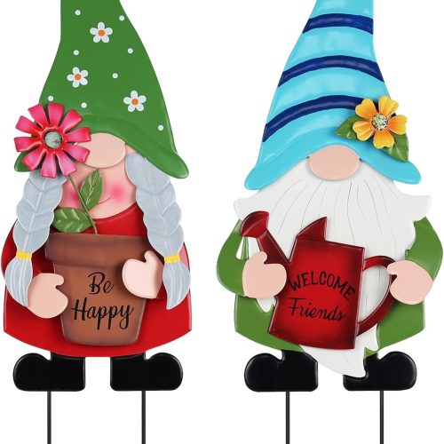 Garden Decor for Outside, Set of 2 Metal Gnomes 27.6” Decorative Garden Stakes with Flowers for Spring Decor, Yard Art Stakes for Outdoor Lawn Backyard Porch Garden Decorations