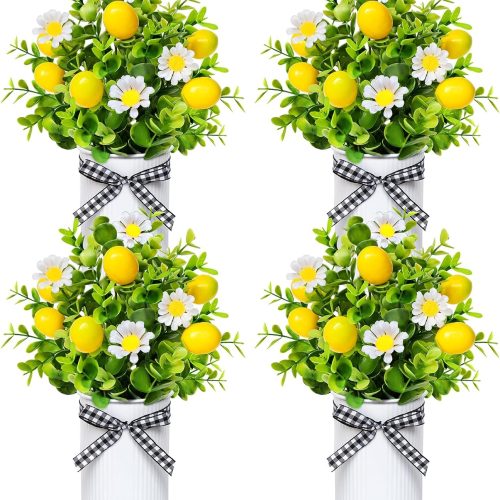 4 Pack Lemon Mason Jar Table Centerpiece, Artificial Lemon Home Centerpieces Fake Lemon Daisy Plants with Faux Leaves for Summer Wedding Farmhouse Office Kitchen Bathroom Dining Table Centerpiece