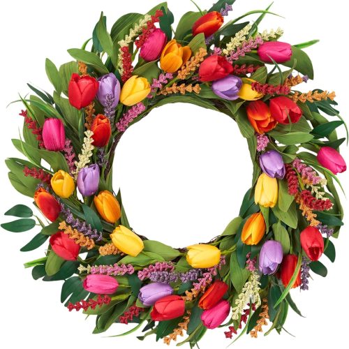 1 Spring Wreath 22 Inch Artificial Summer Wreaths Tulip Wreath for Front Door with Yellow Tulip Eucalyptus Leaves purple Lavender for Mother's Day Indoor Wall Festival Farmhouse Wedding Decor