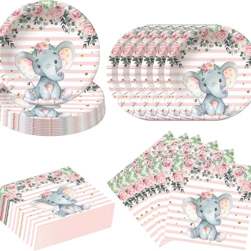 Elephant Baby Shower 80Pcs Pink Elephant Birthday Party Supplies Paper Plates and Napkins Party Tableware Elephant Theme Birthday Decoration for Girls