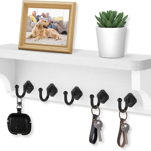 Key Holder for Wall, 11.8" W x 3.5" H x 2.8" D Decorative Key Organizer with Floating Shelf, Wall Mount Key Rack with 5 Hooks (Rustic White)