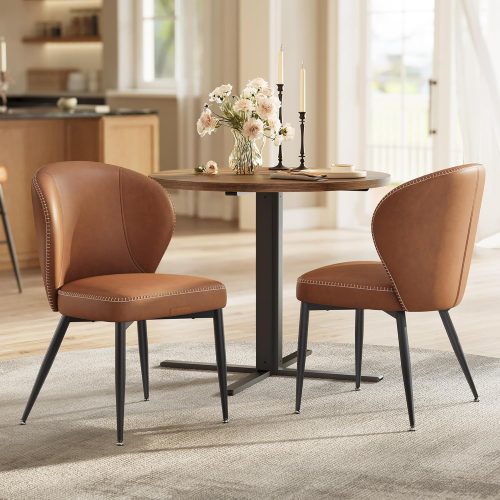 Collection - Dining Chairs Set of 2, Upholstered Kitchen Chairs, Comfortable Seat, Synthetic Leather with Stitching, Mid-Century Modern, Easy Assembly, Living Room Lounge, Caramel Brown
