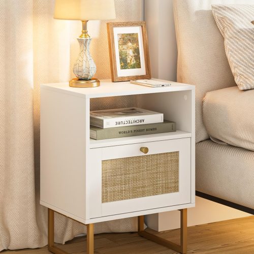 Rattan Nightstand, Boho Night Stand Farmhouse Wood Bedside Table with Storage and Open Shelf, End Side Accent Table for Bedroom,Living Room,White