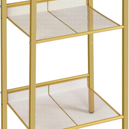 Gold Side Table, Tall Telephone End Table with Mesh Shelves, 3-Tier Nightstand with Tempered Glass Tabletop, for Living Room, Bedroom, Gold GD04DH01