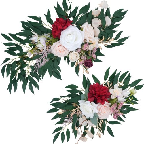 Artificial Flower Swag Wedding Welcome Sign Flower Swags Arch Floral Garlands for Wedding Decorations Ceremony Reception Party Entrance Welcome Decor(Pack of 2, White&Pink&Red)