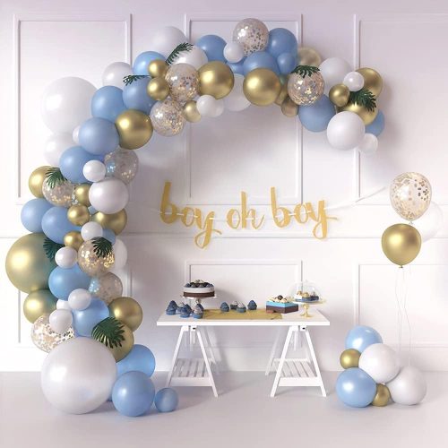 1 Boy Baby Shower Blue Balloon Garland Arch Kit for Boy with Greenery Leaves Decorations, Oh Boy Banner, Confetti, Metallic Gold, White, and Baby Blue Balloons | Elephant Party Decoration