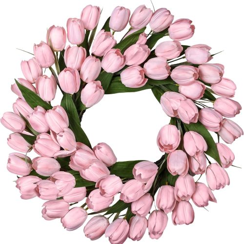 1 24 Inch Tulip Spring Wreath for Front Door Summer Silk Wreath with Green Leaves Artificial Tulip Flower Wreaths for All Seasons Farmhouse Porch Wall Living Room Home Widding Decor-Pink