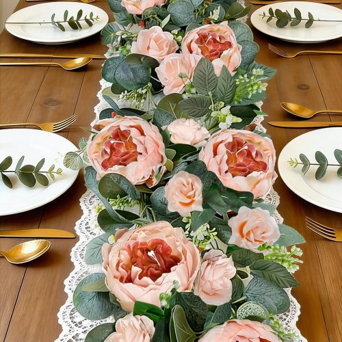 2 Pack 13Ft Artificial Eucalyptus Floral Garland with 16 Flowers Vintage Peony Rose, Pink Fake Flower Greenery Spring Garland Floral Vines for Mantle Wedding Arch Home Table Runner Backdrop Decor