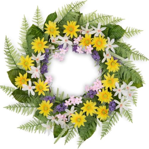 1 Spring Wreath for Front Door 20 Inch Artificial Daisy Flower Wreath with Fern Magnolia Leaves Silk Floral Summer Wreath for Home Decor Wall Window Farmhouse Garden Porch