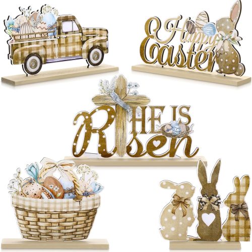 5 Pieces Easter Table Decorations Wooden Bunny Signs Wood Easter Centerpieces for Farmhouse Rustic Home Office Tier Tray Decor Table Decoration Supplies(He is Risen)