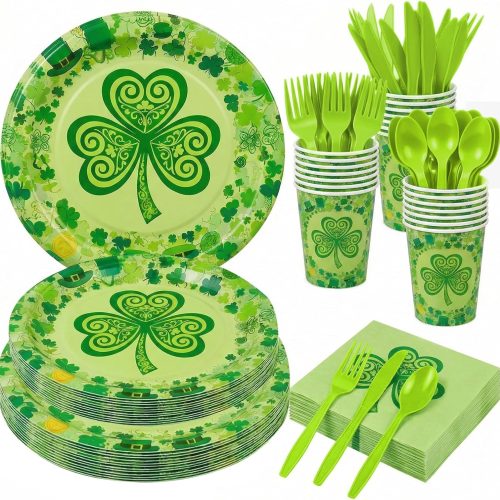 168 PCS St. Patrick’s Day Tableware Set for 24 Guests, Green Shamrock Plates, Cups, Napkins & Cutlery, Disposable Irish Clover Party Supplies Kit