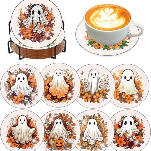 8 Pcs Diamond Art Coasters Kits for Adults with Holder Cork Pads, Fall Halloween Diamond Art Dots Painting Coasters Kits for Adults Beginners Crafts 4x4in (Ghost)