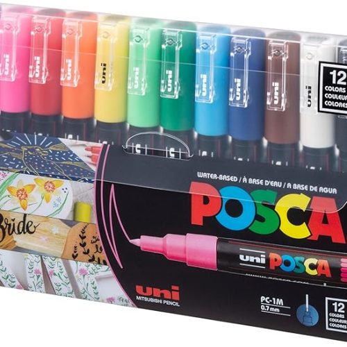 Posca Acrylic Paint Art Markers, Set of 12 Extra Fine Point Thin Paint Pens for Coloring Gifts, Fabric, Metal, Glass, Rocks, Wood and Canvas, Assorted Colors, PC1M12C