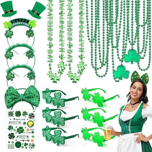 29Pack St Patricks Party Favors of 16pcs Shamrock Beads Necklace Bulk, 6pcs Clover Eyewear Sunglasses, 6pcs Green Hats Headband, 1pc St. Patrick's Day Stickers Party Dressing-up Costume Accessories
