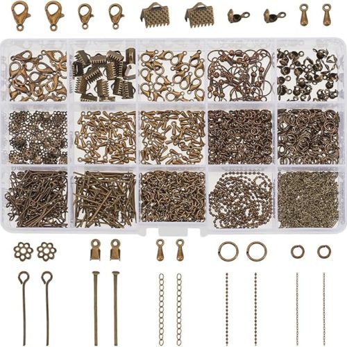 About 870 Pcs Jewelry Finding Kits with Lobster Claw Clasps, Jump Ring, Ribbon Clamp End, Earring Hook, Flower Bead Cap, Cord End, Eye Pin, Head Pin, Extender Chain, Tip Knot, Drop End