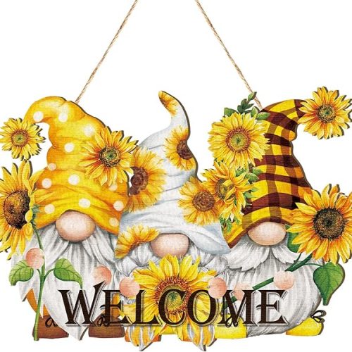 Sunflower Welcome Wood Door Hanger Wooden Gnome Sign Farmhouse Wall Porch Art Summer Fall Front Door Wreath Hanging for Bedroom Living Room Indoor Outdoor Kitchen Home Decor