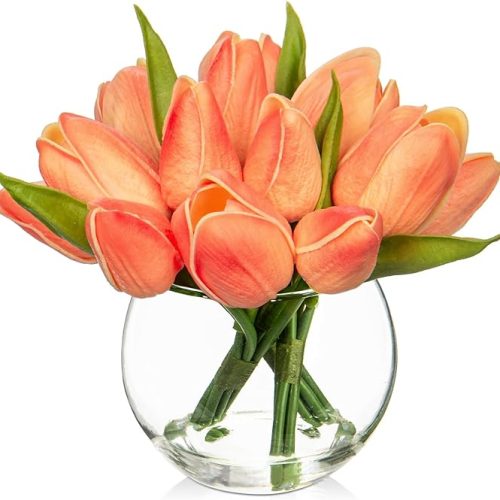 Artificial Peach Tulips in Vase with Faux Water 6" Real Touch Flowers Fake Tulips Small Flowers Arrangement in Round Glass Vase for Mother's Day Table Centerpiece Wedding Home Decor