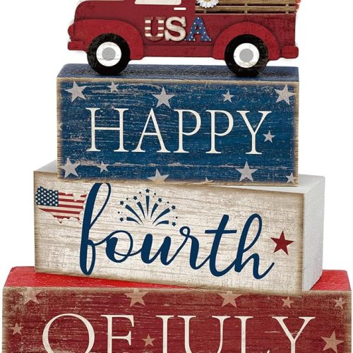4 Pcs 4th of July Decorations Patriotic Memorial Day Tabletop Decorations Red White Blue Table Centerpieces Sign for Office Tiered Tray Home Shelf 250th Anniversary(Independence Day Car)